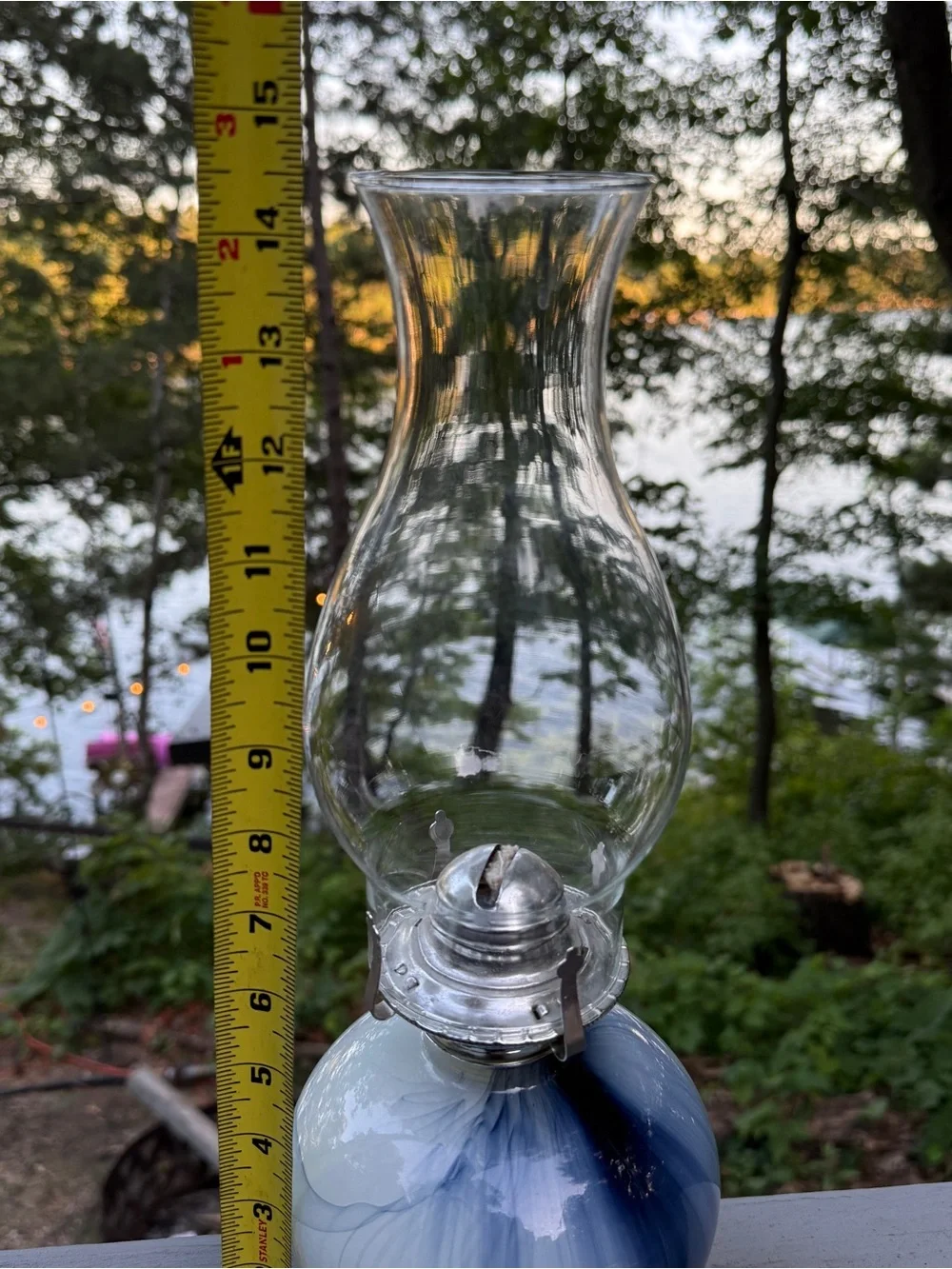 Blue Swirl Hurricane Kerosene Oil Lamp Glass Marbled Prairie CottageCo Homestead